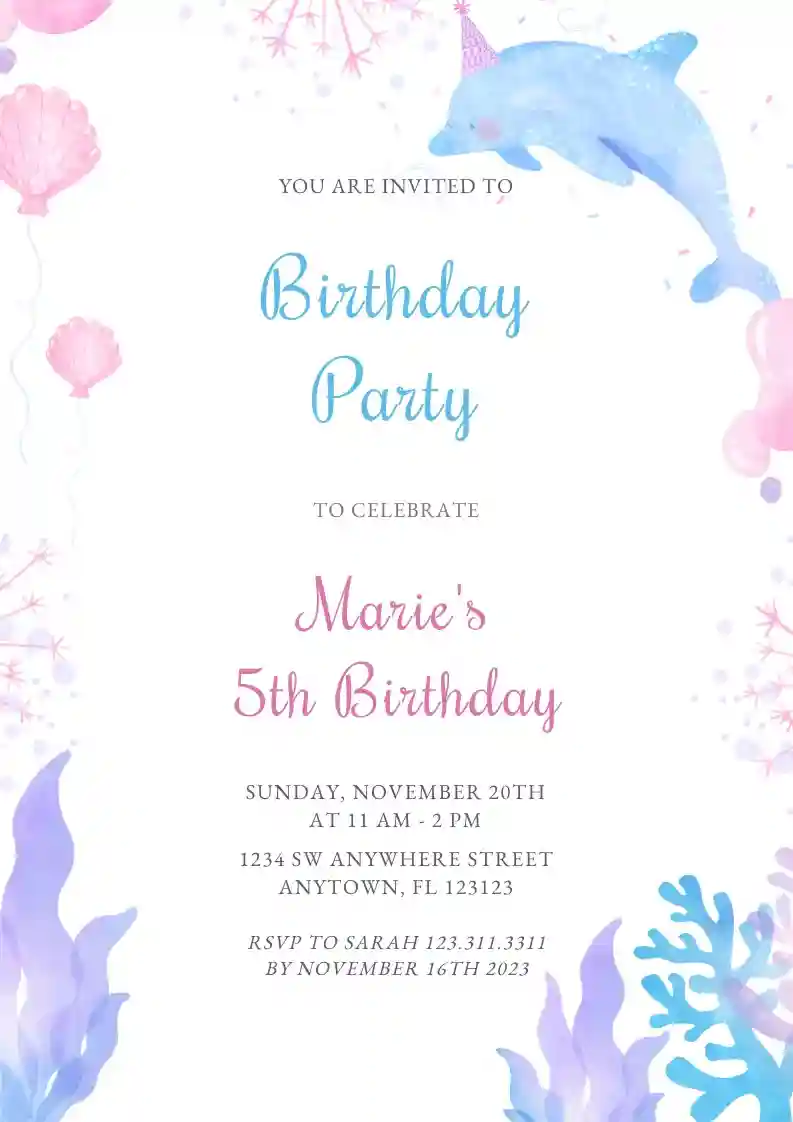 Watercolor Dolphin - Free Kids Birthday Invitation Templates | Invitanku